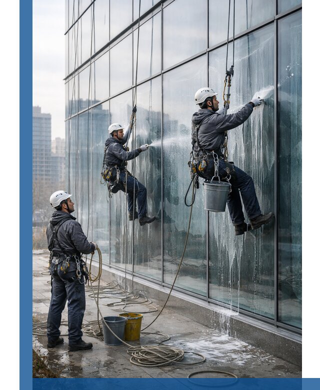 Промышленная мойка панорамных окон на высоте в Канске