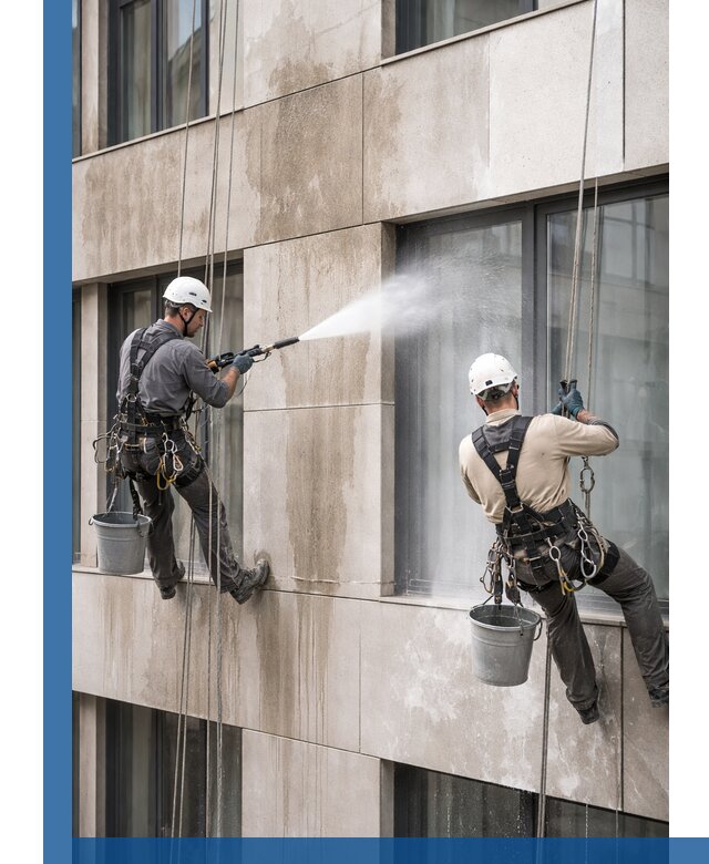 Послестроительная мойка фасада промышленным альпинизмом в Канске