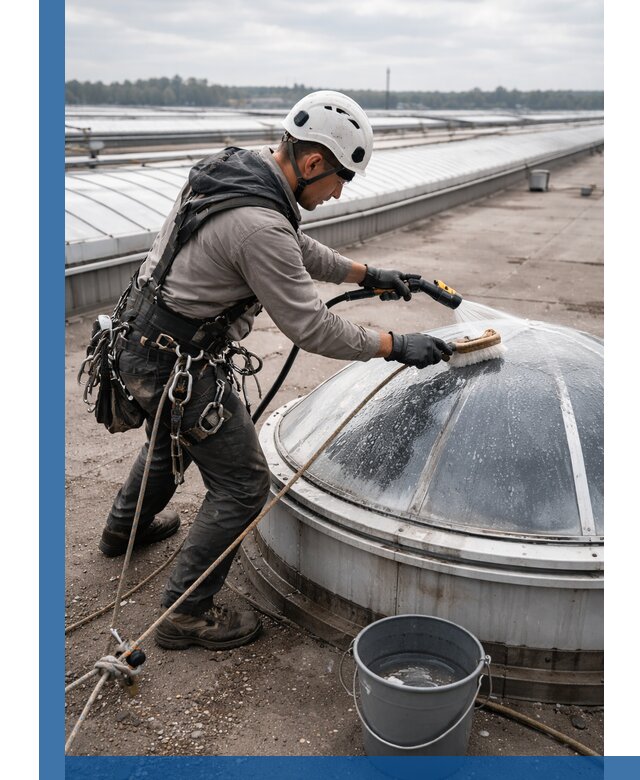 Мойка зенитных фонарей на кровле для промышленных объектов в Канске