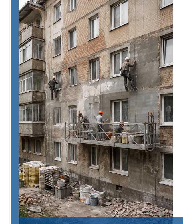 Капитальный ремонт фасада в Канске с восстановлением и гидроизоляцией