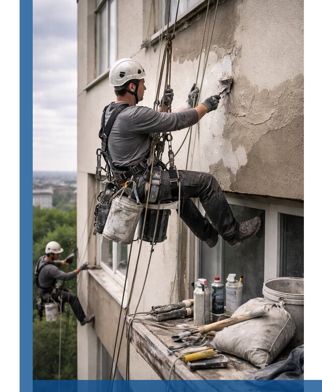 Косметический ремонт фасада зданий в Канске промышленными альпинистами