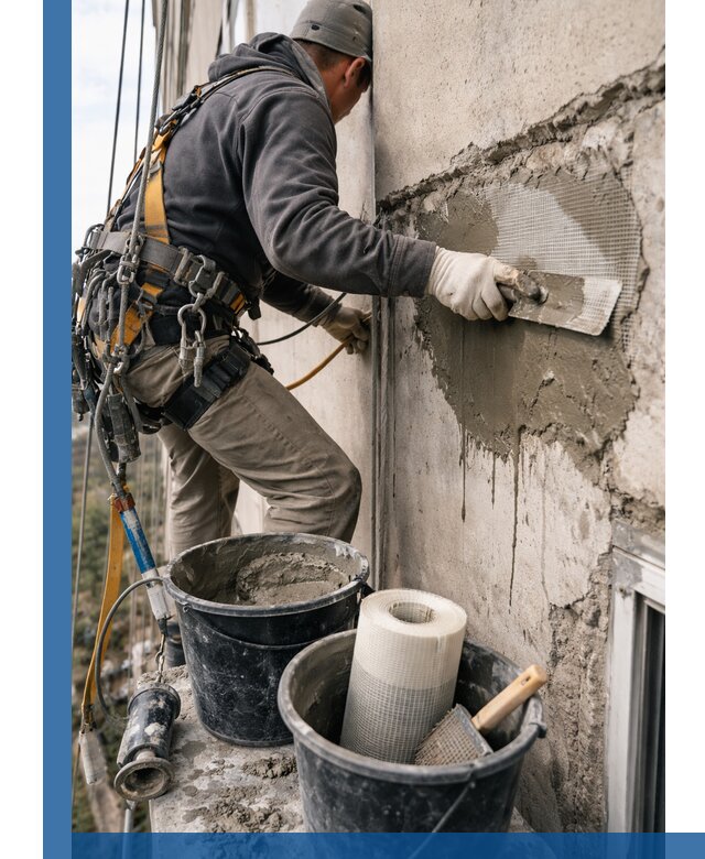 Ремонт бетонных элементов фасада промышленными альпинистами в Канске