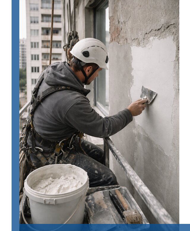 Шпаклевка фасадов на высоте с промальпинистами в Канске