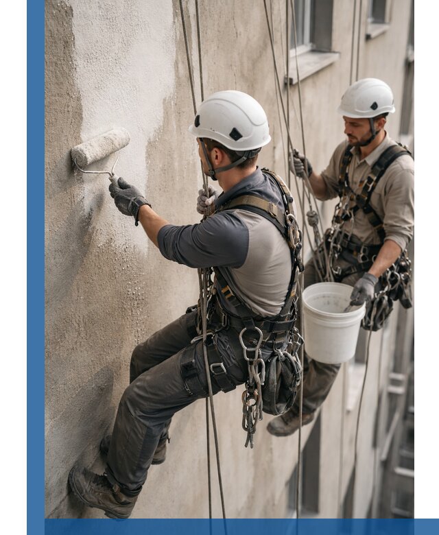 Грунтовка фасада на высоте в Канске промышленными альпинистами