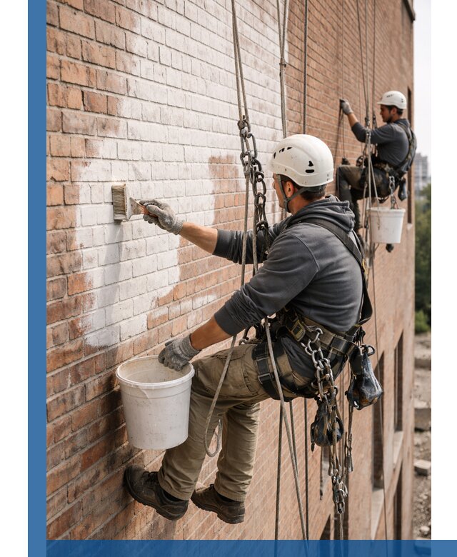 Покраска кирпичного фасада с доступным альпинистским сервисом в Канске