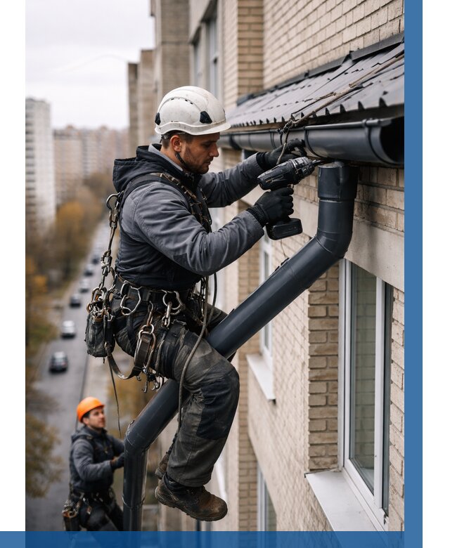 Монтаж водосточной системы на здании в Канске от 5465 р. | ВЫСОТНИК-Кнс