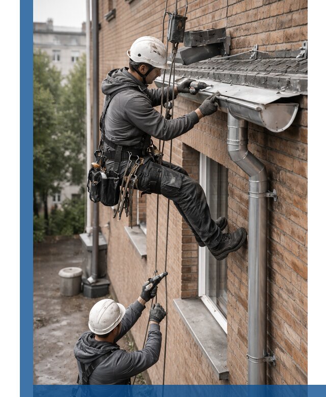 Монтаж водосточной системы на здании в Канске под ключ