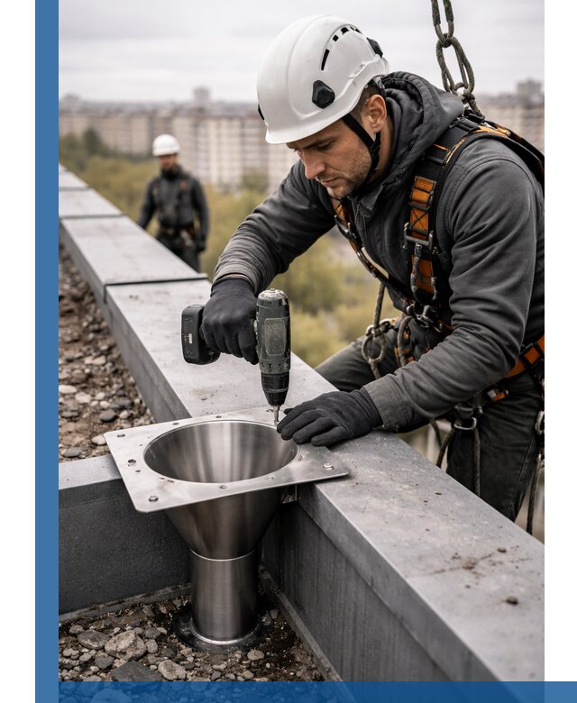 Монтаж водосточных воронок в Канске для промышленных зданий