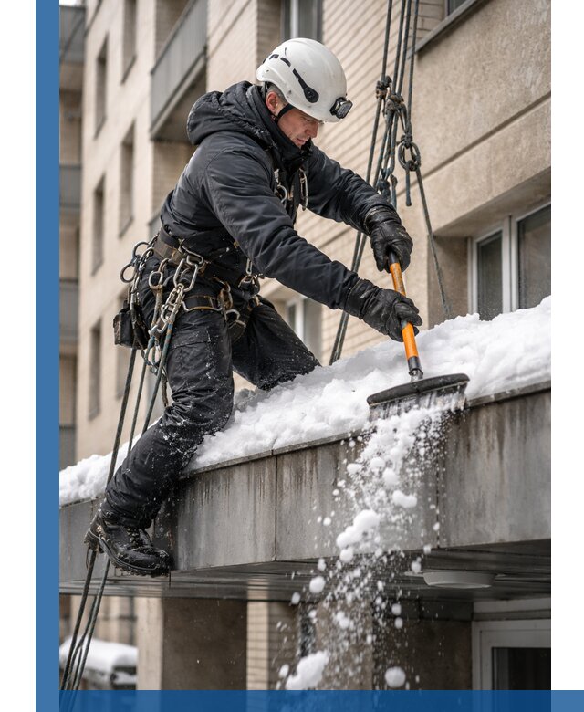 Очистка козырьков от снега в Канске круглогодично безопасно
