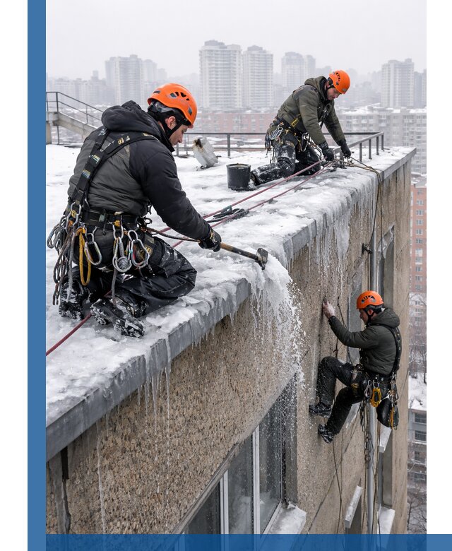 Удаление наледи с кровли в Канске промышленными альпинистами