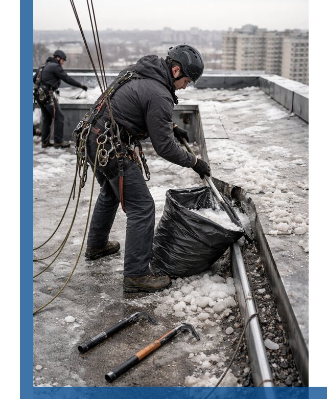 Аварийная очистка кровли в Канске от промальпинистов