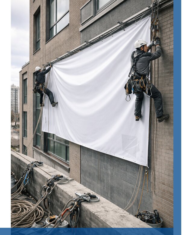 Монтаж баннеров на фасаде в Канске от 710 р. заказать ВЫСОТНИК-Кнс