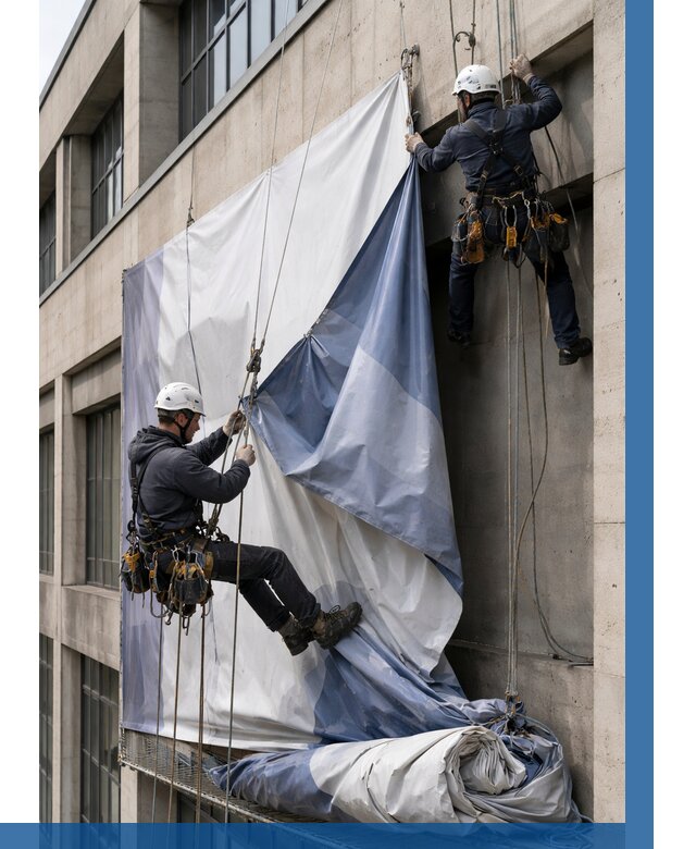 Демонтаж баннеров с фасада в Канске от 4918 р. | ВЫСОТНИК-Кнс