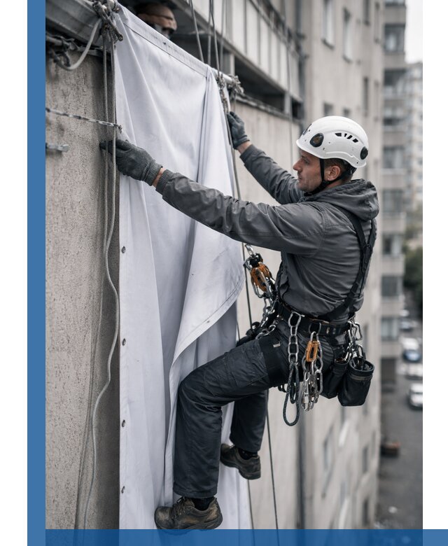 Замена баннерного полотна промышленными альпинистами в Канске