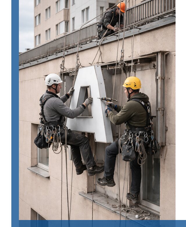 Ремонт и восстановление наружных вывесок на высоте в Канске