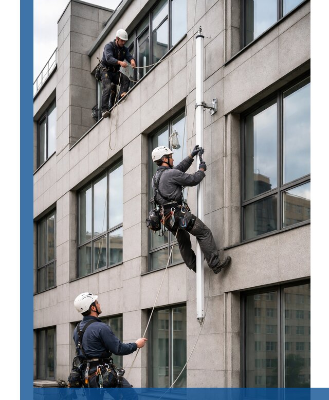 Монтаж флагштока на фасаде здания с креплением и герметикой в Канске