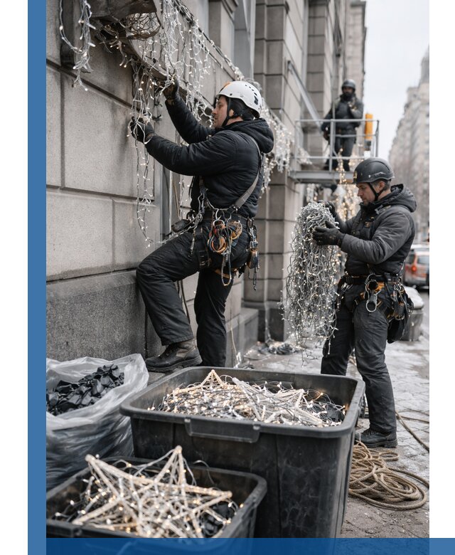 Демонтаж новогоднего оформления и гирлянд в Канске