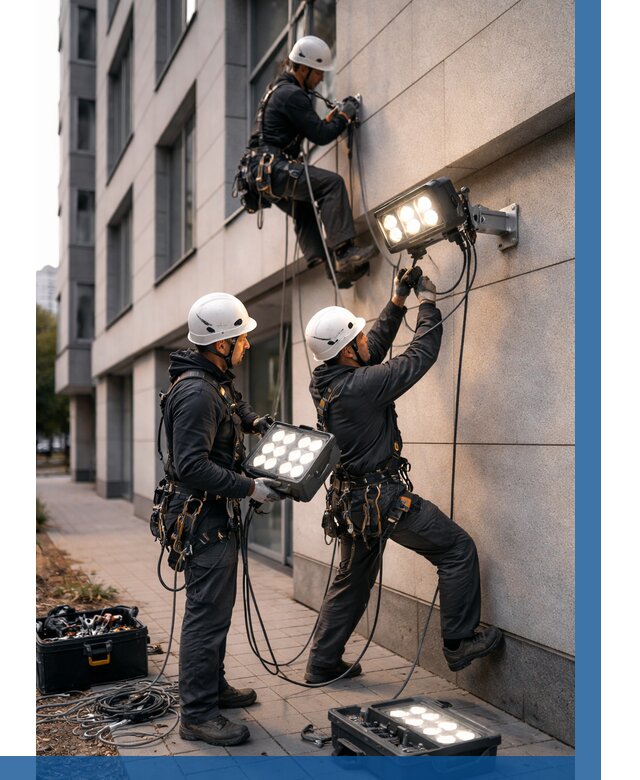 Монтаж прожекторов на фасаде в Канске от 8197 р. | ВЫСОТНИК-Кнс