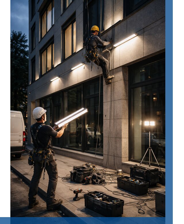 Монтаж архитектурной подсветки здания в Канске от 2732 р.|ВЫСОТНИК-Кнс