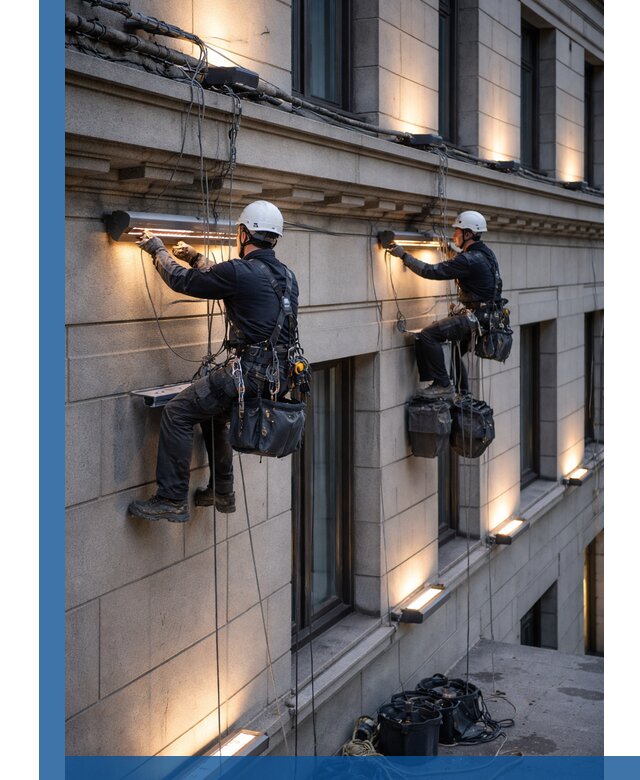 Монтаж архитектурной подсветки фасадов зданий в Канске