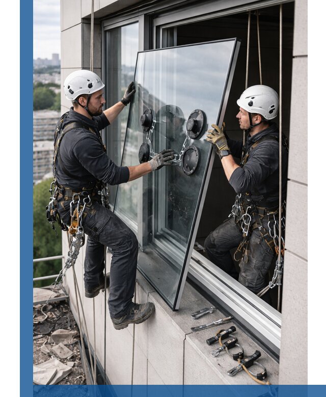 Замена стеклопакетов на высоте с промышленными альпинистами в Канске
