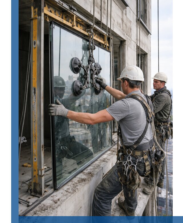 Монтаж стеклопакетов на высоте в Канске с промышленным альпинизмом