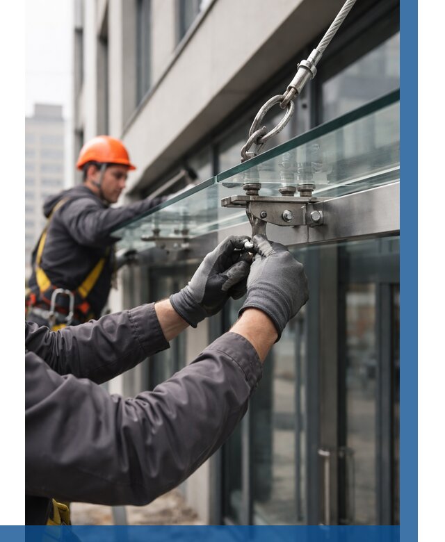 Монтаж стеклянных козырьков в Канске от 9290 р. | ВЫСОТНИК-Кнс