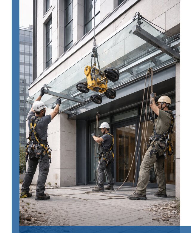 Монтаж стеклянных козырьков под ключ в Канске для зданий