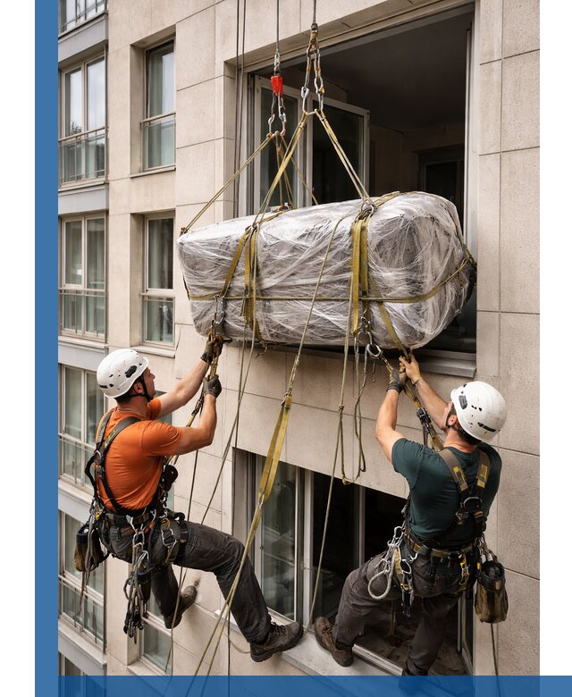 Подъем грузов через окно в Канске промышленными альпинистами