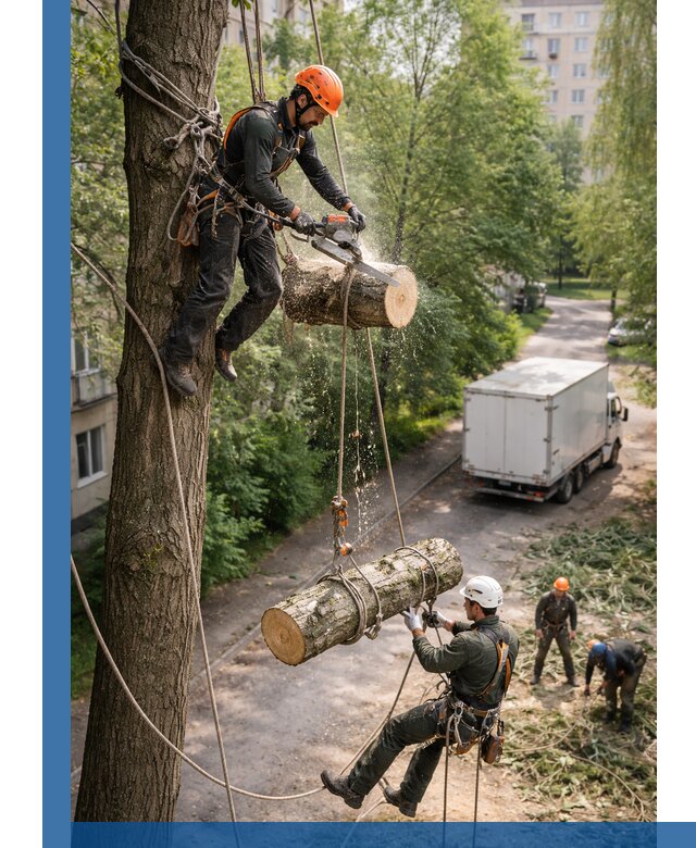 Спил деревьев альпинистами в Канске, безопасно и без повреждений